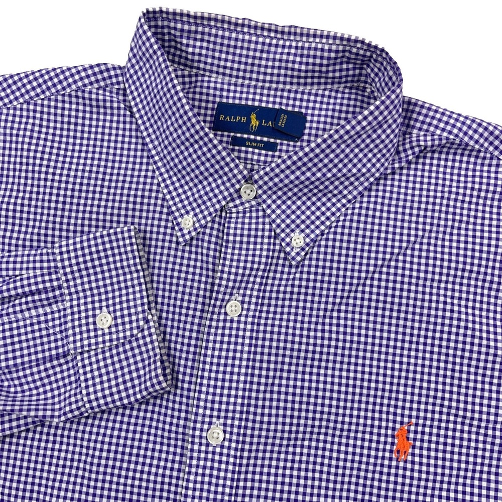 Ralph Lauren Shirt Men XXL 2XL Purple Orange Check Button Up Slim Fit Poplin *